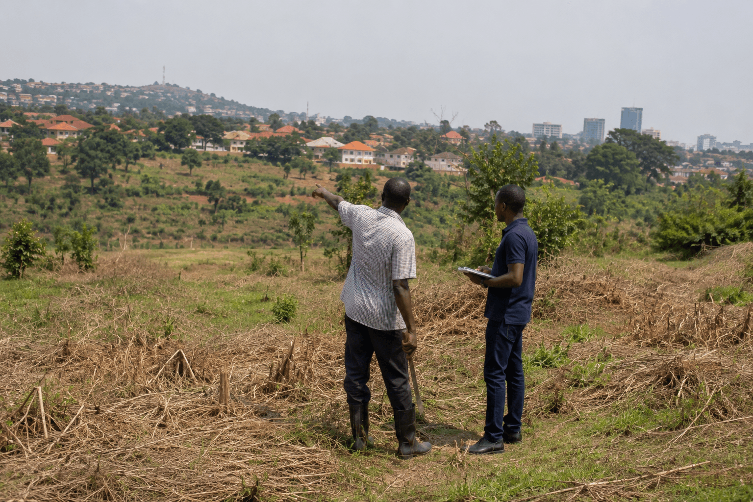 Land surveyor and investor assessing a plot in the Greater Kampala area